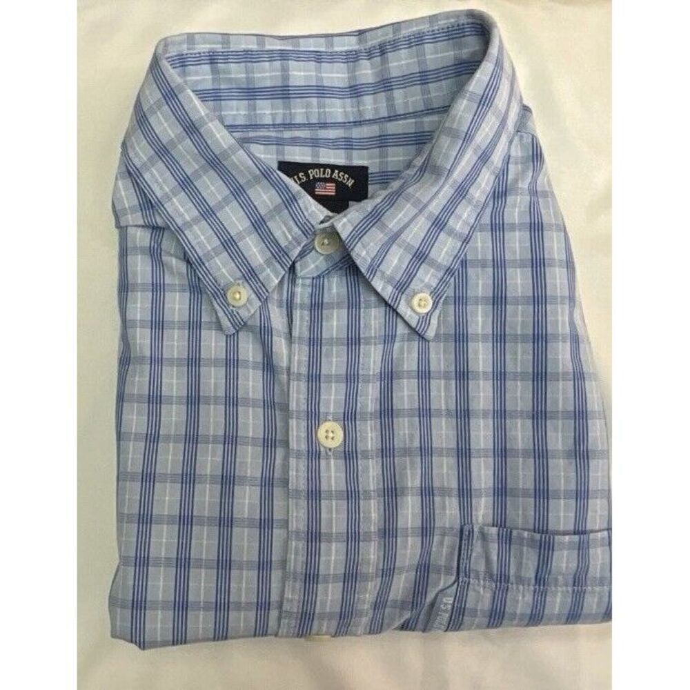 US Polo Assn Mens Blue Plaid‎ Short Sleeve Button Shirt Size Medium - Picture 5 of 6